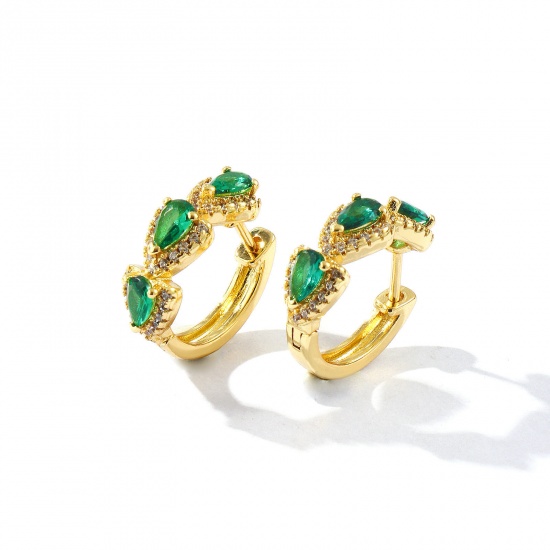 Picture of 1 Pair Eco-friendly Stylish Exquisite 18K Real Gold Plated Green Brass & Cubic Zirconia Micro Pave Huggie Hoop Earrings For Women Gift 17mm Dia., Post/ Wire Size: 1mm(18 gauge)