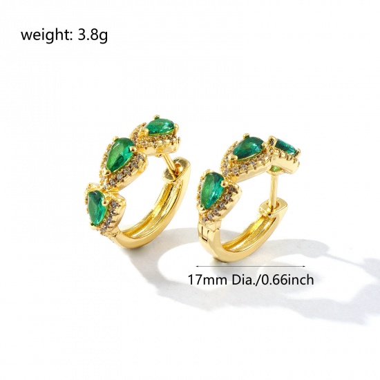 Picture of 1 Pair Eco-friendly Stylish Exquisite 18K Real Gold Plated Green Brass & Cubic Zirconia Micro Pave Huggie Hoop Earrings For Women Gift 17mm Dia., Post/ Wire Size: 1mm(18 gauge)