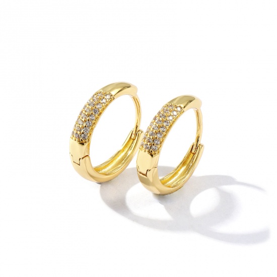Picture of 1 Pair Eco-friendly Stylish Exquisite 18K Real Gold Plated Brass & Cubic Zirconia Micro Pave Huggie Hoop Earrings For Women Gift 20mm Dia., Post/ Wire Size: 1.2mm(17 gauge)