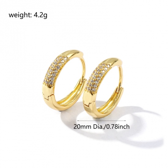 Picture of 1 Pair Eco-friendly Stylish Exquisite 18K Real Gold Plated Brass & Cubic Zirconia Micro Pave Huggie Hoop Earrings For Women Gift 20mm Dia., Post/ Wire Size: 1.2mm(17 gauge)