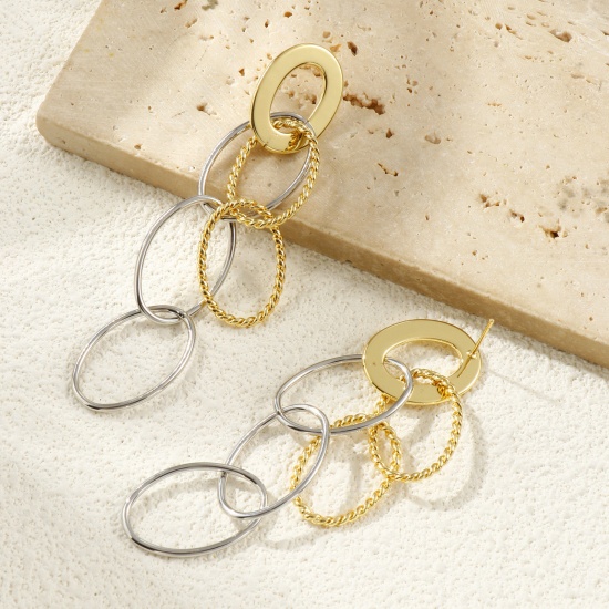 Picture of 1 Pair Eco-friendly Stylish Exquisite 18K Real Gold Plated Brass Oval Tassel Earrings For Women Gift 3.8cm x 1.7cm, Post/ Wire Size: 0.8mm(20 gauge)