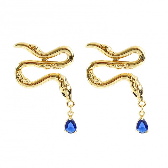 Picture of 1 Pair Eco-friendly Stylish Exquisite 18K Real Gold Plated Brass Snake Animal Ear Post Stud Earrings For Women Gift 3.8cm x 2.7cm, Post/ Wire Size: 0.8mm(20 gauge)