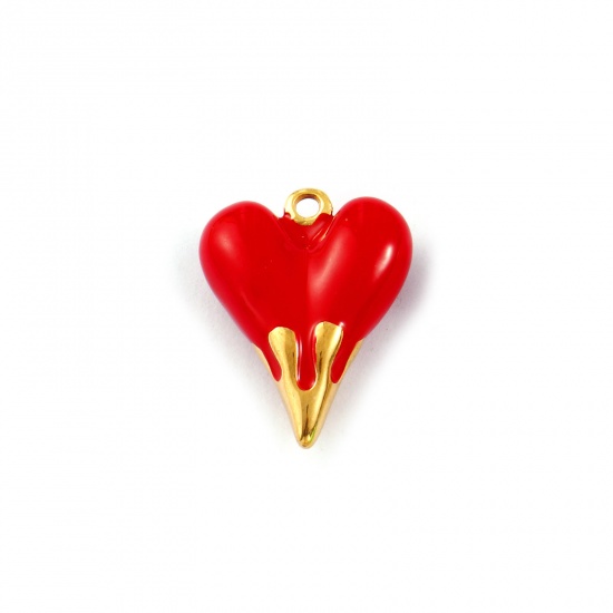 Picture of 1 Piece Eco-friendly PVD Vacuum Plating Waterproof Anti-Tarnish Hypoallergenic 304 Stainless Steel Valentine's Day Charms 18K Real Gold Plated Red Enamel Heart 3D 24mm x 19mm
