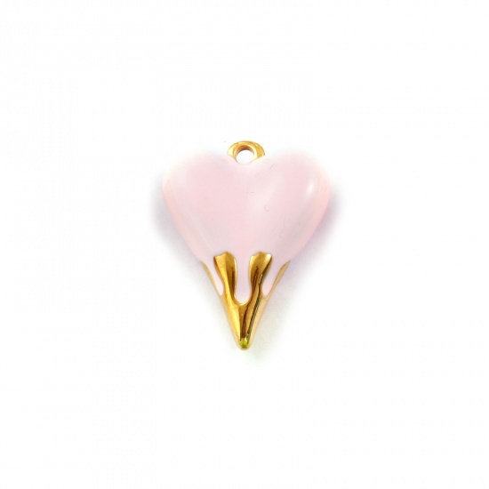 Picture of 1 Piece Eco-friendly PVD Vacuum Plating Waterproof Anti-Tarnish Hypoallergenic 304 Stainless Steel Valentine's Day Charms 18K Real Gold Plated Light Pink Enamel Heart 3D 24mm x 19mm