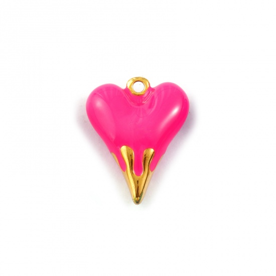Picture of 1 Piece Eco-friendly PVD Vacuum Plating Waterproof Anti-Tarnish Hypoallergenic 304 Stainless Steel Valentine's Day Charms 18K Real Gold Plated Fuchsia Enamel Heart 3D 24mm x 19mm