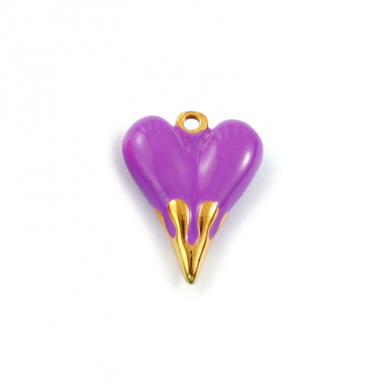 Picture of 1 Piece Eco-friendly PVD Vacuum Plating Waterproof Anti-Tarnish Hypoallergenic 304 Stainless Steel Valentine's Day Charms 18K Real Gold Plated Purple Enamel Heart 3D 24mm x 19mm
