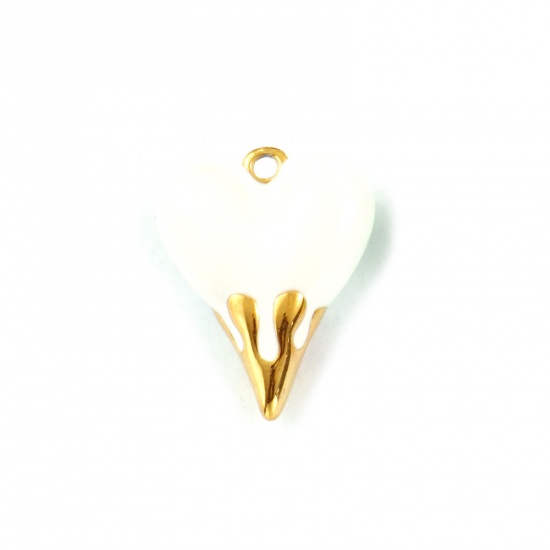 Picture of 1 Piece Eco-friendly PVD Vacuum Plating Waterproof Anti-Tarnish Hypoallergenic 304 Stainless Steel Valentine's Day Charms 18K Real Gold Plated White Enamel Heart 3D 24mm x 19mm