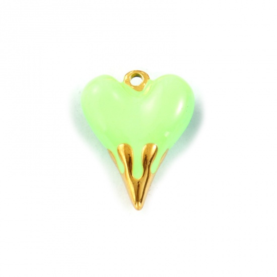 Picture of 1 Piece Eco-friendly PVD Vacuum Plating Waterproof Anti-Tarnish Hypoallergenic 304 Stainless Steel Valentine's Day Charms 18K Real Gold Plated Green Enamel Heart 3D 24mm x 19mm