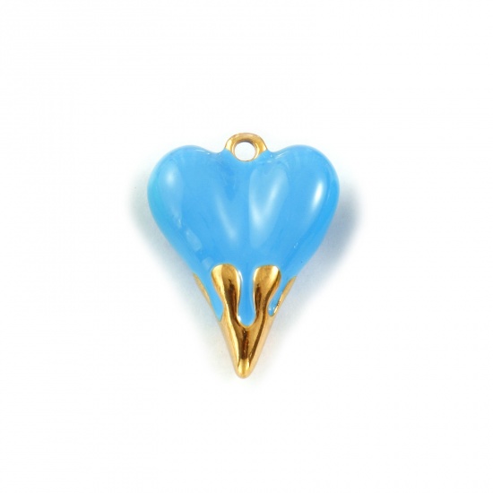 Picture of 1 Piece Eco-friendly PVD Vacuum Plating Waterproof Anti-Tarnish Hypoallergenic 304 Stainless Steel Valentine's Day Charms 18K Real Gold Plated Blue Enamel Heart 3D 24mm x 19mm