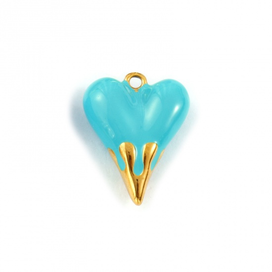 Picture of 1 Piece Eco-friendly PVD Vacuum Plating Waterproof Anti-Tarnish Hypoallergenic 304 Stainless Steel Valentine's Day Charms 18K Real Gold Plated Green Blue Enamel Heart 3D 24mm x 19mm