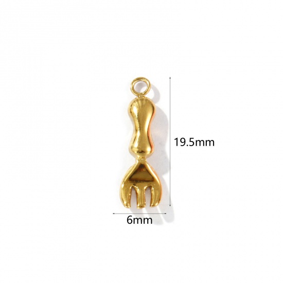 Picture of 1 Piece Eco-friendly PVD Vacuum Plating Waterproof Anti-Tarnish Hypoallergenic 304 Stainless Steel Charms 18K Real Gold Plated Fork 3D 19.5mm x 6mm