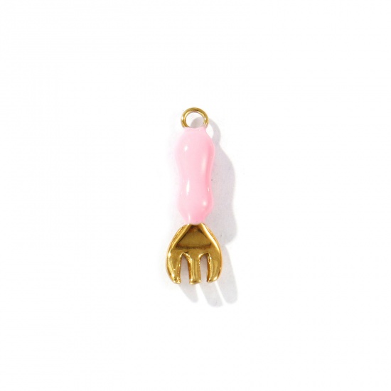 Picture of 1 Piece Eco-friendly PVD Vacuum Plating Waterproof Anti-Tarnish Hypoallergenic 304 Stainless Steel Charms 18K Real Gold Plated Pink Enamel Fork 3D 19.5mm x 6mm