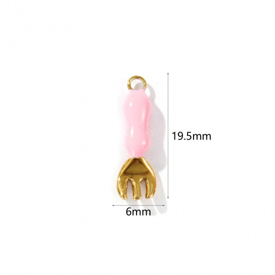 Picture of 1 Piece Eco-friendly PVD Vacuum Plating Waterproof Anti-Tarnish Hypoallergenic 304 Stainless Steel Charms 18K Real Gold Plated Pink Enamel Fork 3D 19.5mm x 6mm