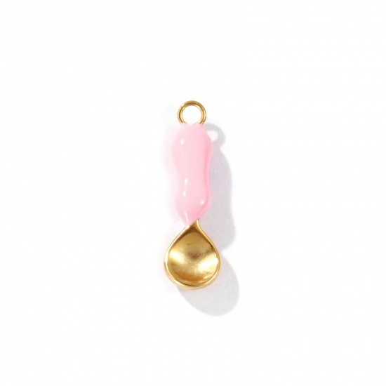 Picture of 1 Piece Eco-friendly PVD Vacuum Plating Waterproof Anti-Tarnish Hypoallergenic 304 Stainless Steel Charms 18K Real Gold Plated Pink Enamel Spoon 3D 20mm x 6mm