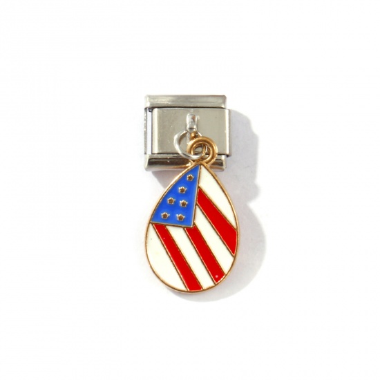 Изображение 2 PCs 304 Stainless Steel Stylish Italian Charm Links For DIY Bracelet Jewelry Making Gold Plated & Silver Tone Red & Blue Enamel Drop Flag Of The United States 10mm x 9mm