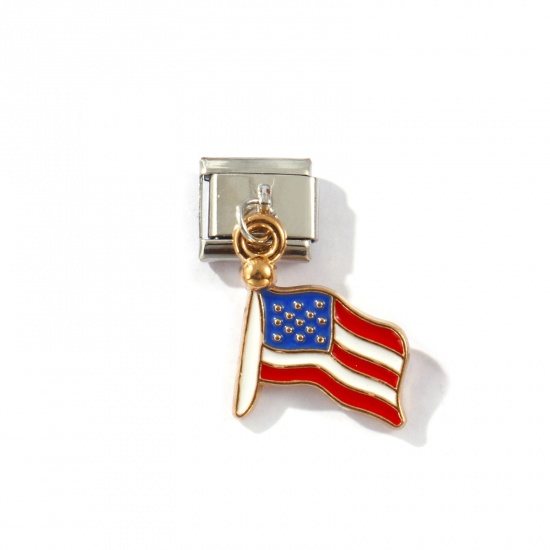 Изображение 2 PCs 304 Stainless Steel Stylish Italian Charm Links For DIY Bracelet Jewelry Making Gold Plated & Silver Tone Red & Blue Enamel Rectangle Flag Of The United States 10mm x 9mm