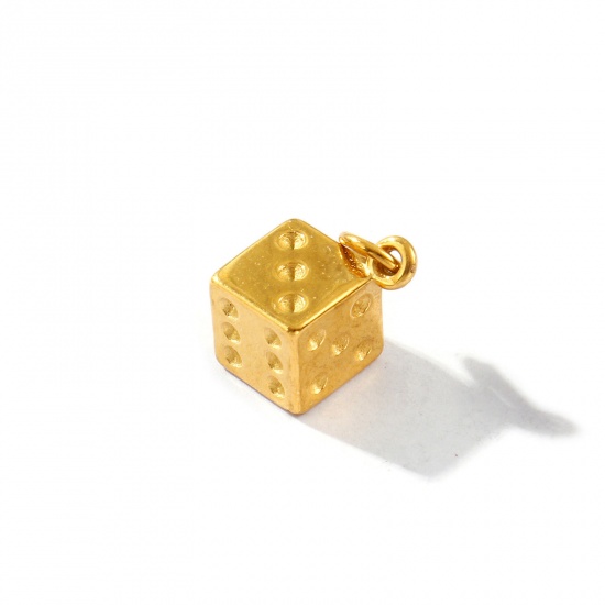 Picture of 2 PCs Eco-friendly PVD Vacuum Plating Waterproof Anti-Tarnish Hypoallergenic 304 Stainless Steel Charms 18K Real Gold Plated Dice 3D 17mm x 10mm