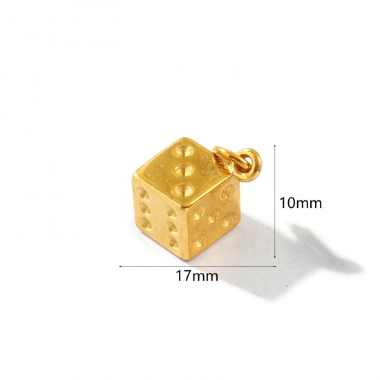 Picture of 2 PCs Eco-friendly PVD Vacuum Plating Waterproof Anti-Tarnish Hypoallergenic 304 Stainless Steel Charms 18K Real Gold Plated Dice 3D 17mm x 10mm