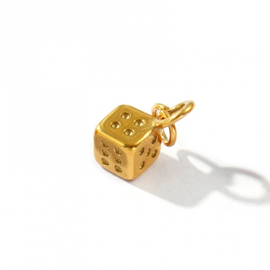 Picture of 2 PCs Eco-friendly PVD Vacuum Plating Waterproof Anti-Tarnish Hypoallergenic 304 Stainless Steel Charms 18K Real Gold Plated Dice 3D 16mm x 7mm