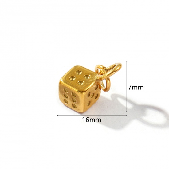 Picture of 2 PCs Eco-friendly PVD Vacuum Plating Waterproof Anti-Tarnish Hypoallergenic 304 Stainless Steel Charms 18K Real Gold Plated Dice 3D 16mm x 7mm