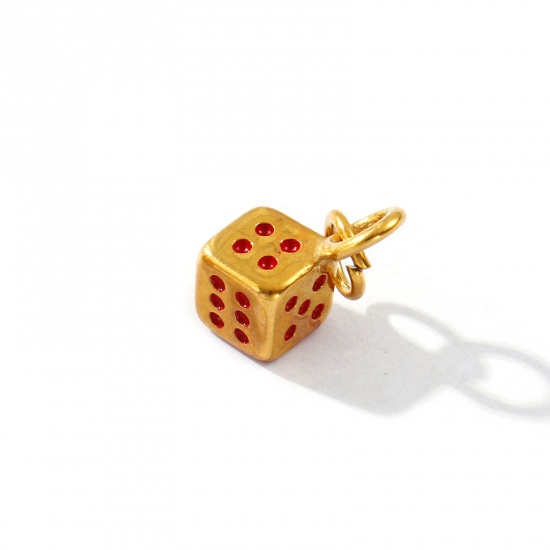 Picture of 2 PCs Eco-friendly PVD Vacuum Plating Waterproof Anti-Tarnish Hypoallergenic 304 Stainless Steel Charms 18K Real Gold Plated Red Enamel Dice 3D 16mm x 7mm
