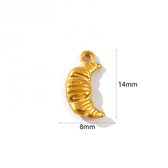 Picture of 2 PCs Eco-friendly PVD Vacuum Plating Waterproof Anti-Tarnish Hypoallergenic 304 Stainless Steel Charms 18K Real Gold Plated Croissant Bread 14mm x 8mm