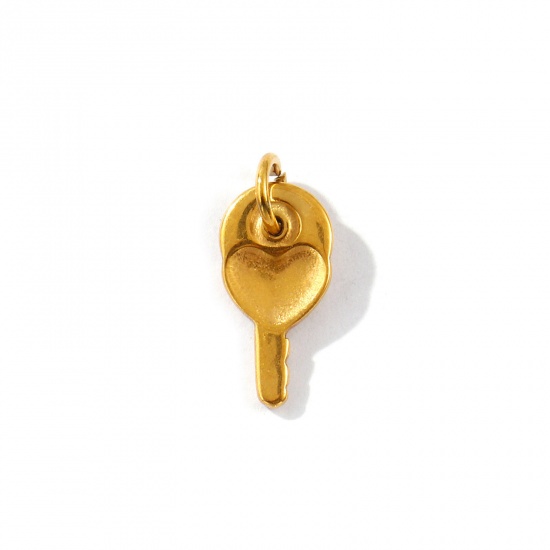 Picture of 2 PCs Eco-friendly PVD Vacuum Plating Waterproof Anti-Tarnish Hypoallergenic 304 Stainless Steel Valentine's Day Charms 18K Real Gold Plated Key Heart 16mm x 7mm