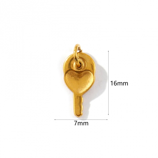 Picture of 2 PCs Eco-friendly PVD Vacuum Plating Waterproof Anti-Tarnish Hypoallergenic 304 Stainless Steel Valentine's Day Charms 18K Real Gold Plated Key Heart 16mm x 7mm