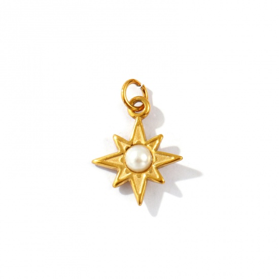 Picture of 2 PCs Eco-friendly PVD Vacuum Plating Waterproof Anti-Tarnish Hypoallergenic 304 Stainless Steel Galaxy Charms 18K Real Gold Plated White Star Acrylic Imitation Pearl 20mm x 14mm