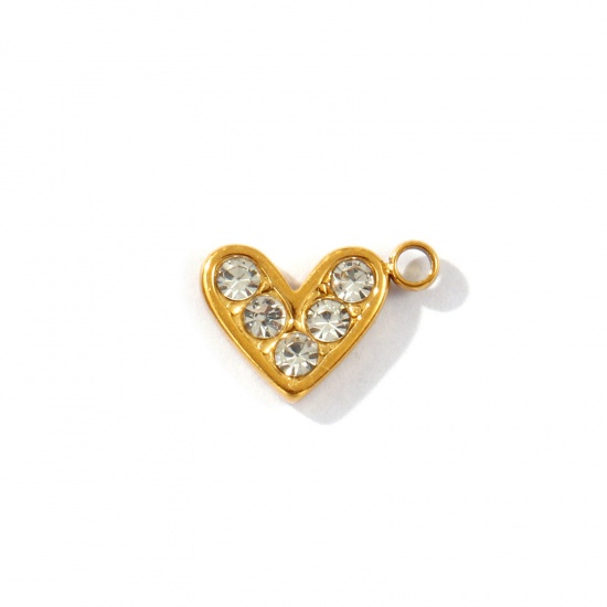 Picture of 2 PCs Eco-friendly PVD Vacuum Plating Waterproof Anti-Tarnish Hypoallergenic 304 Stainless Steel Valentine's Day Charms 18K Real Gold Plated Heart Micro Pave Clear Cubic Zirconia 11mm x 7mm
