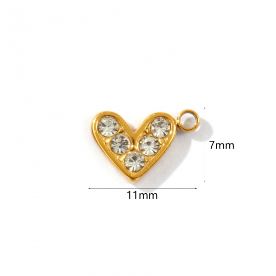 Picture of 2 PCs Eco-friendly PVD Vacuum Plating Waterproof Anti-Tarnish Hypoallergenic 304 Stainless Steel Valentine's Day Charms 18K Real Gold Plated Heart Micro Pave Clear Cubic Zirconia 11mm x 7mm