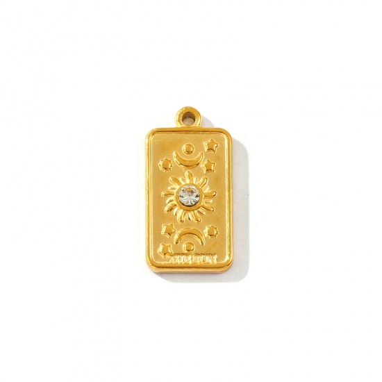 Picture of 1 Piece Eco-friendly PVD Vacuum Plating Waterproof Anti-Tarnish Hypoallergenic 304 Stainless Steel Charms 18K Real Gold Plated Tarot Sun & Moon Message " THE SUN " Clear Cubic Zirconia 26mm x 13mm