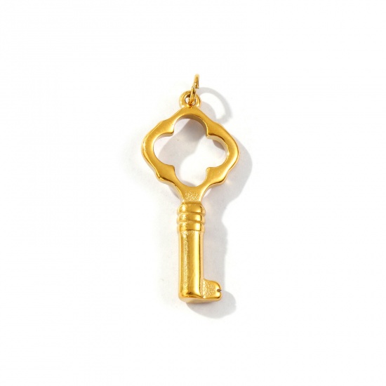 Picture of 1 Piece Eco-friendly PVD Vacuum Plating Waterproof Anti-Tarnish Hypoallergenic 304 Stainless Steel Pendants 18K Real Gold Plated Key Hollow 3.6cm x 1.5cm