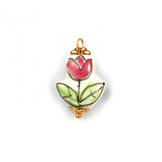 Immagine di 2 Pz Placcatura Sottovuoto PVD Ecologica 304 Acciaio Inossidabile & Ceramica Collezione Flora Ciondoli Placcato Oro 18K Rosa Scuro Fiore del Tulipano 23mm x 14mm