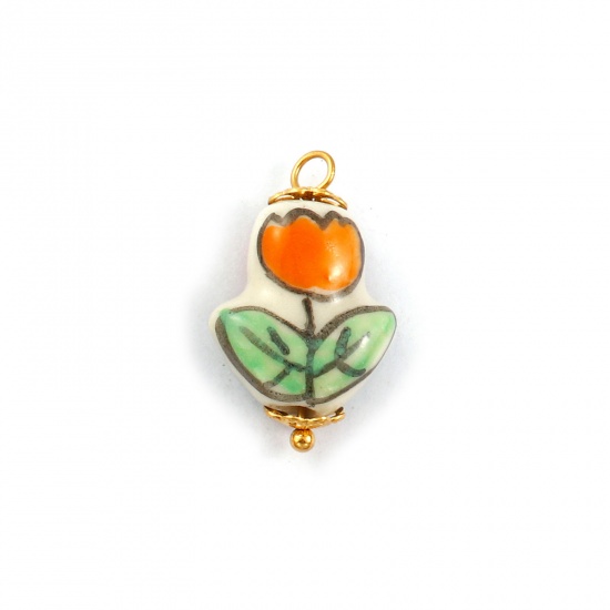 Immagine di 2 Pz Placcatura Sottovuoto PVD Ecologica 304 Acciaio Inossidabile & Ceramica Collezione Flora Ciondoli Placcato Oro 18K Arancione Fiore del Tulipano 23mm x 14mm