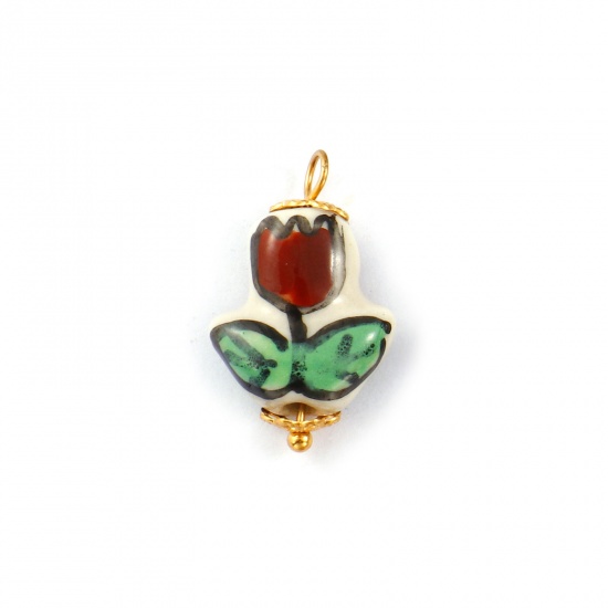Immagine di 2 Pz Placcatura Sottovuoto PVD Ecologica 304 Acciaio Inossidabile & Ceramica Collezione Flora Ciondoli Placcato Oro 18K Marrone Fiore del Tulipano 23mm x 14mm