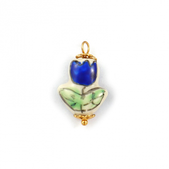Immagine di 2 Pz Placcatura Sottovuoto PVD Ecologica 304 Acciaio Inossidabile & Ceramica Collezione Flora Ciondoli Placcato Oro 18K Blu Marino Fiore del Tulipano 23mm x 14mm