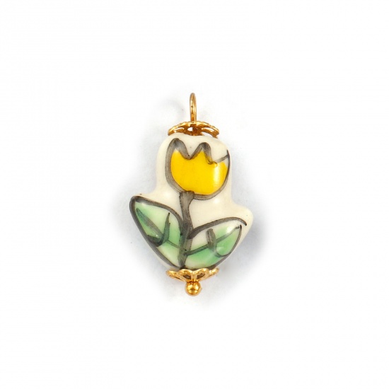 Immagine di 2 Pz Placcatura Sottovuoto PVD Ecologica 304 Acciaio Inossidabile & Ceramica Collezione Flora Ciondoli Placcato Oro 18K Giallo Fiore del Tulipano 23mm x 14mm