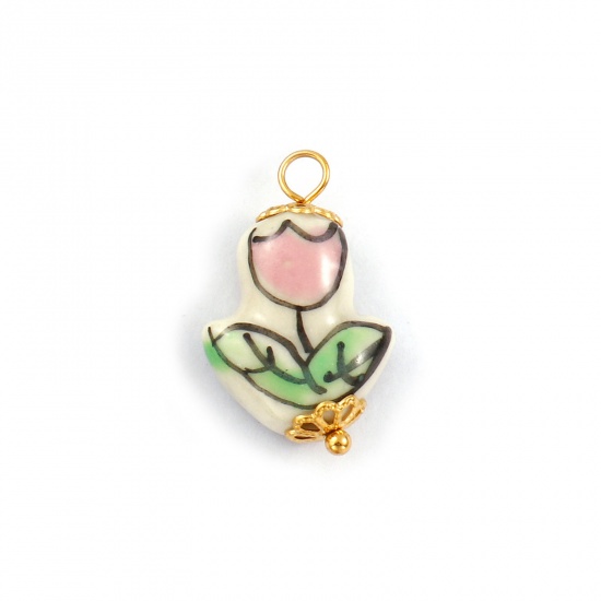 Immagine di 2 Pz Placcatura Sottovuoto PVD Ecologica 304 Acciaio Inossidabile & Ceramica Collezione Flora Ciondoli Placcato Oro 18K Rosa Chiaro Fiore del Tulipano 23mm x 14mm
