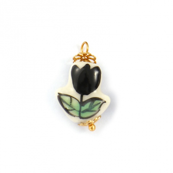 Immagine di 2 Pz Placcatura Sottovuoto PVD Ecologica 304 Acciaio Inossidabile & Ceramica Collezione Flora Ciondoli Placcato Oro 18K Nero Fiore del Tulipano 23mm x 14mm