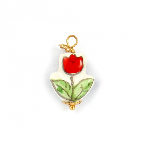 Immagine di 2 Pz Placcatura Sottovuoto PVD Ecologica 304 Acciaio Inossidabile & Ceramica Collezione Flora Ciondoli Placcato Oro 18K Rosso Fiore del Tulipano 23mm x 14mm