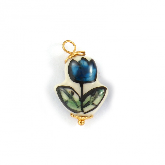 Immagine di 2 Pz Placcatura Sottovuoto PVD Ecologica 304 Acciaio Inossidabile & Ceramica Collezione Flora Ciondoli Placcato Oro 18K Blu Scuro Fiore del Tulipano 23mm x 14mm