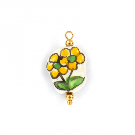 Immagine di 2 Pz Placcatura Sottovuoto PVD Ecologica 304 Acciaio Inossidabile & Ceramica Collezione Flora Ciondoli Placcato Oro 18K Giallo Fiore 23mm x 14mm