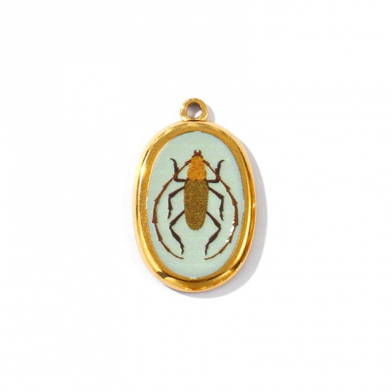 Picture of 2 PCs Eco-friendly PVD Vacuum Plating Waterproof Anti-Tarnish Hypoallergenic 304 Stainless Steel Insect Charms 18K Real Gold Plated Multicolor Oval Insect Printed 28mm x 17.5mm