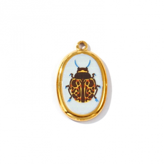 Picture of 2 PCs Eco-friendly PVD Vacuum Plating Waterproof Anti-Tarnish Hypoallergenic 304 Stainless Steel Insect Charms 18K Real Gold Plated Multicolor Oval Insect Printed 28mm x 17.5mm