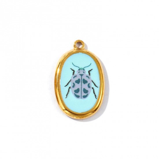 Picture of 2 PCs Eco-friendly PVD Vacuum Plating Waterproof Anti-Tarnish Hypoallergenic 304 Stainless Steel Insect Charms 18K Real Gold Plated Multicolor Oval Insect Printed 28mm x 17.5mm