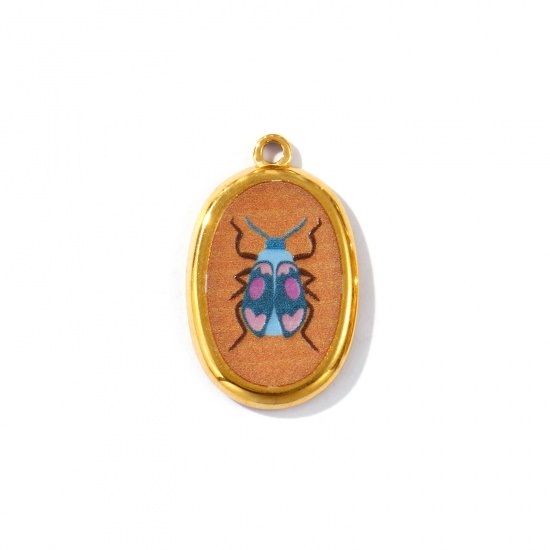 Picture of 2 PCs Eco-friendly PVD Vacuum Plating Waterproof Anti-Tarnish Hypoallergenic 304 Stainless Steel Insect Charms 18K Real Gold Plated Multicolor Oval Insect Printed 28mm x 17.5mm