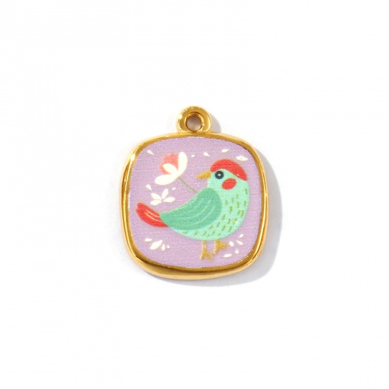 Picture of 2 PCs Eco-friendly PVD Vacuum Plating Waterproof Anti-Tarnish Hypoallergenic 304 Stainless Steel Charms 18K Real Gold Plated Multicolor Quadrilateral Bird Printed 21.5mm x 18mm