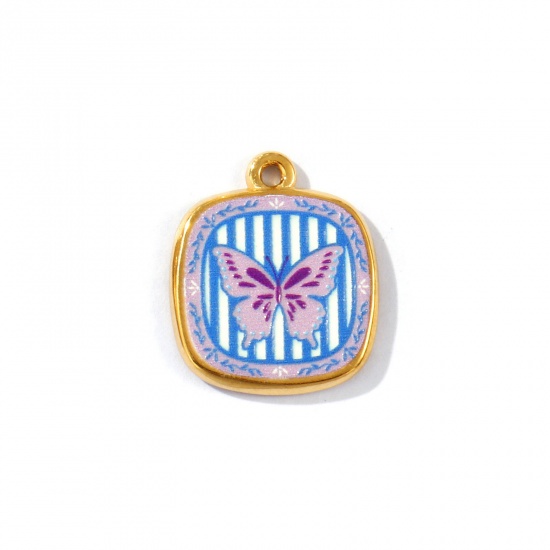 Picture of 2 PCs Eco-friendly PVD Vacuum Plating Waterproof Anti-Tarnish Hypoallergenic 304 Stainless Steel Insect Charms 18K Real Gold Plated Multicolor Quadrilateral Butterfly Printed 21.5mm x 18mm