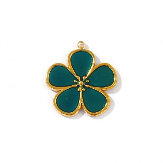 Picture of 2 PCs Eco-friendly PVD Vacuum Plating Waterproof Anti-Tarnish Hypoallergenic 304 Stainless Steel Flora Collection Charms 18K Real Gold Plated Dark Green Enamel Flower 28mm x 25.5mm
